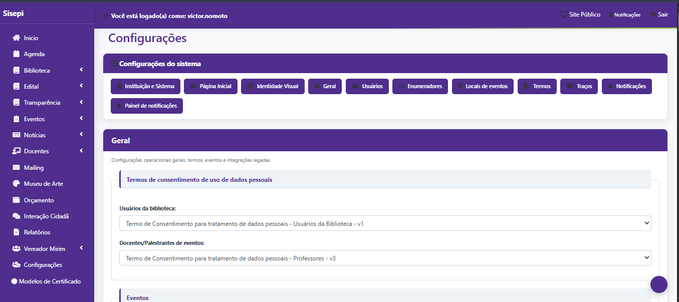 Plataforma Escola do Parlamento de Osasco - Configurações do Sistema